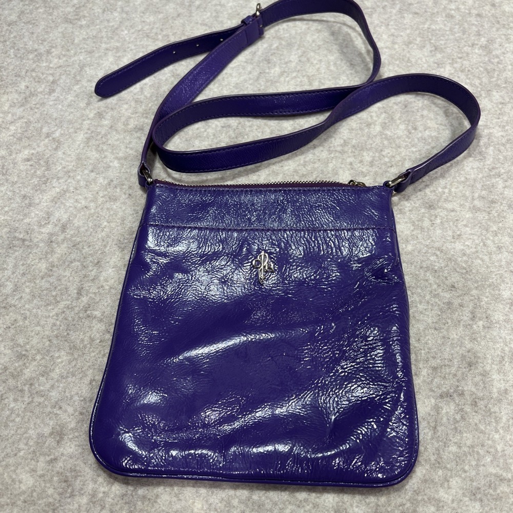 COLE HAAN Jitney II Ziptop Swingpack Crossbody Bag Purple Patent Leather‎